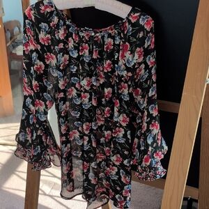 Chaps Black Floral Blouse with Red and Blue Accents XL